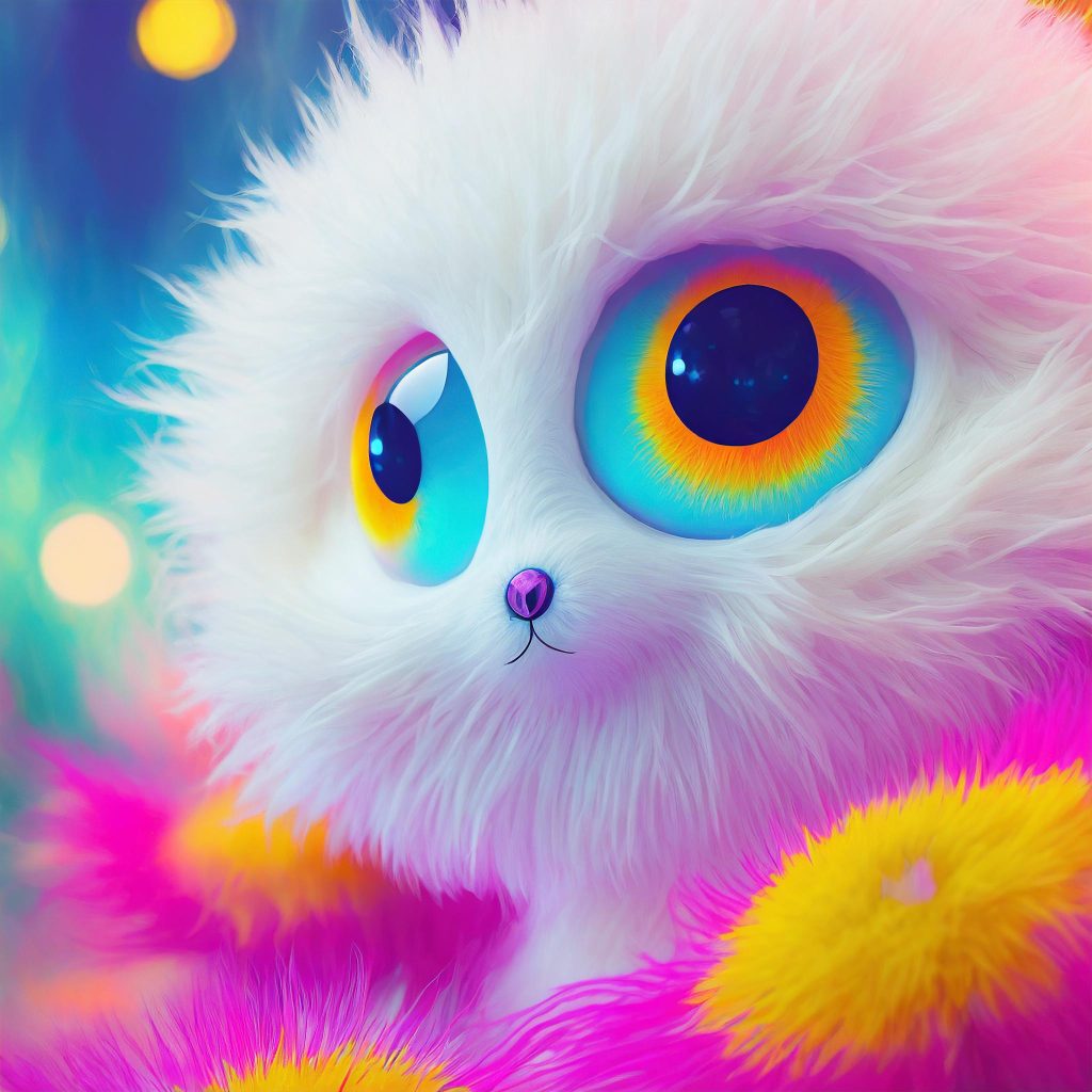 Firefly-目が大きくて愛らしく全身白いもふもふ毛で覆われた宇宙人のようなキャラクター_3Dアートのような質感。鮮やかな色彩