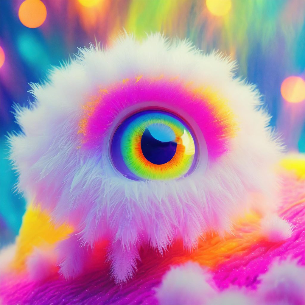 Firefly-目が大きくて愛らしく全身白いもふもふ毛で覆われた宇宙人のようなキャラクター_3Dアートのような質感。鮮やかな色彩